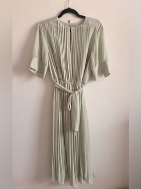 H&M Sage Green Pleated Maxi Dress with Tie Belt